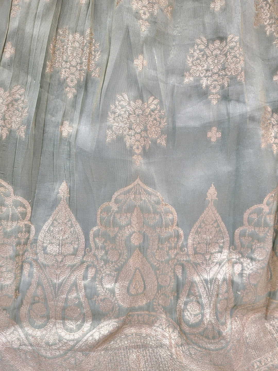 Pastel Green Banarasi Silk Lehenga Choli Set with Zari Woven Mughal Paisley Motifs