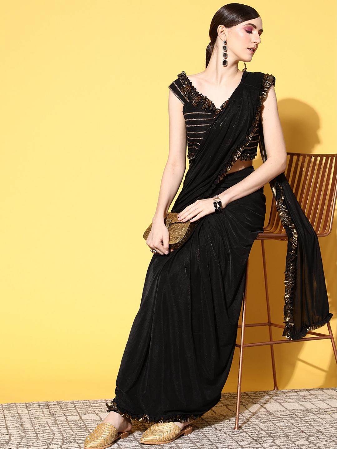 Black Pre-Draped Gold Metaillic Lycra Ruffled Off Shoulder Saree
