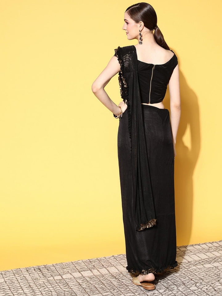 Black Pre-Draped Gold Metaillic Lycra Ruffled Off Shoulder Saree