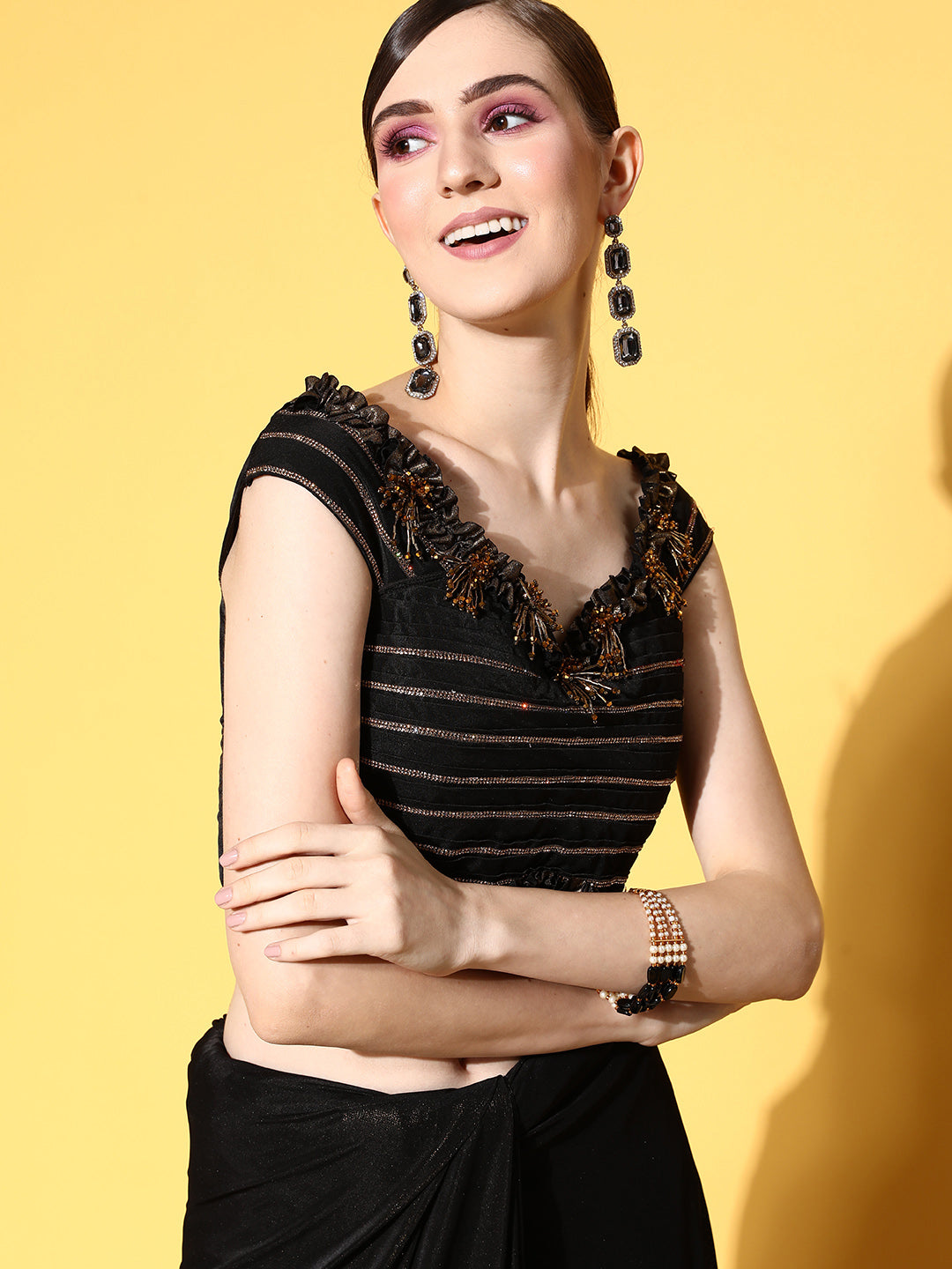 Black Pre-Draped Gold Metaillic Lycra Ruffled Off Shoulder Saree