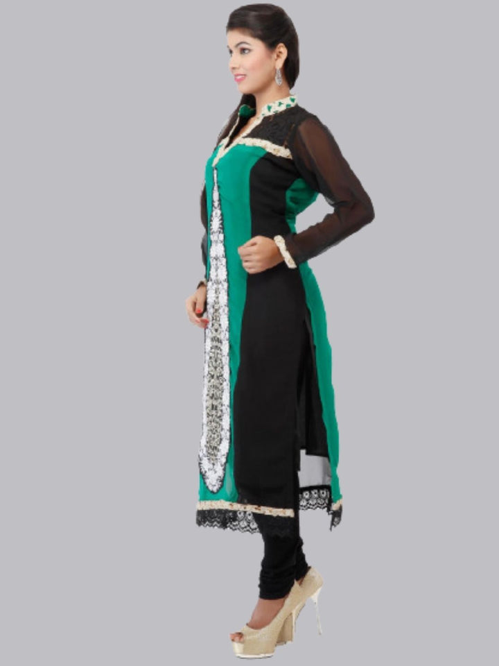 Black & Teal Green Georgette Straight Patchwork Kurta