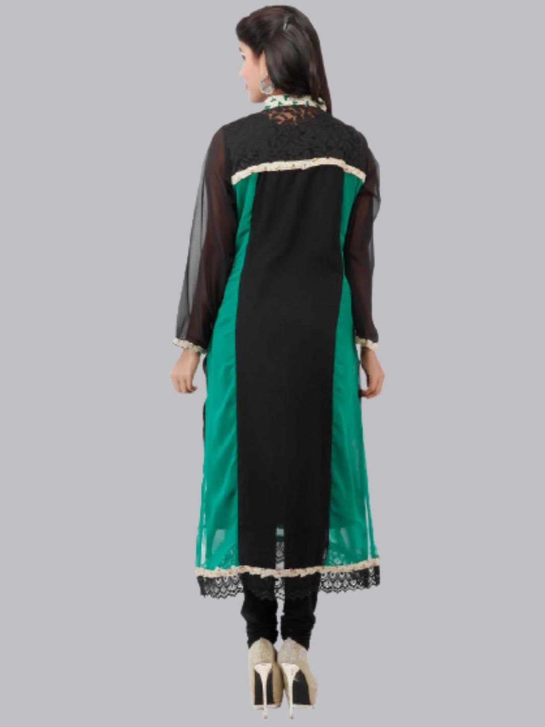 Black & Teal Green Georgette Straight Patchwork Kurta