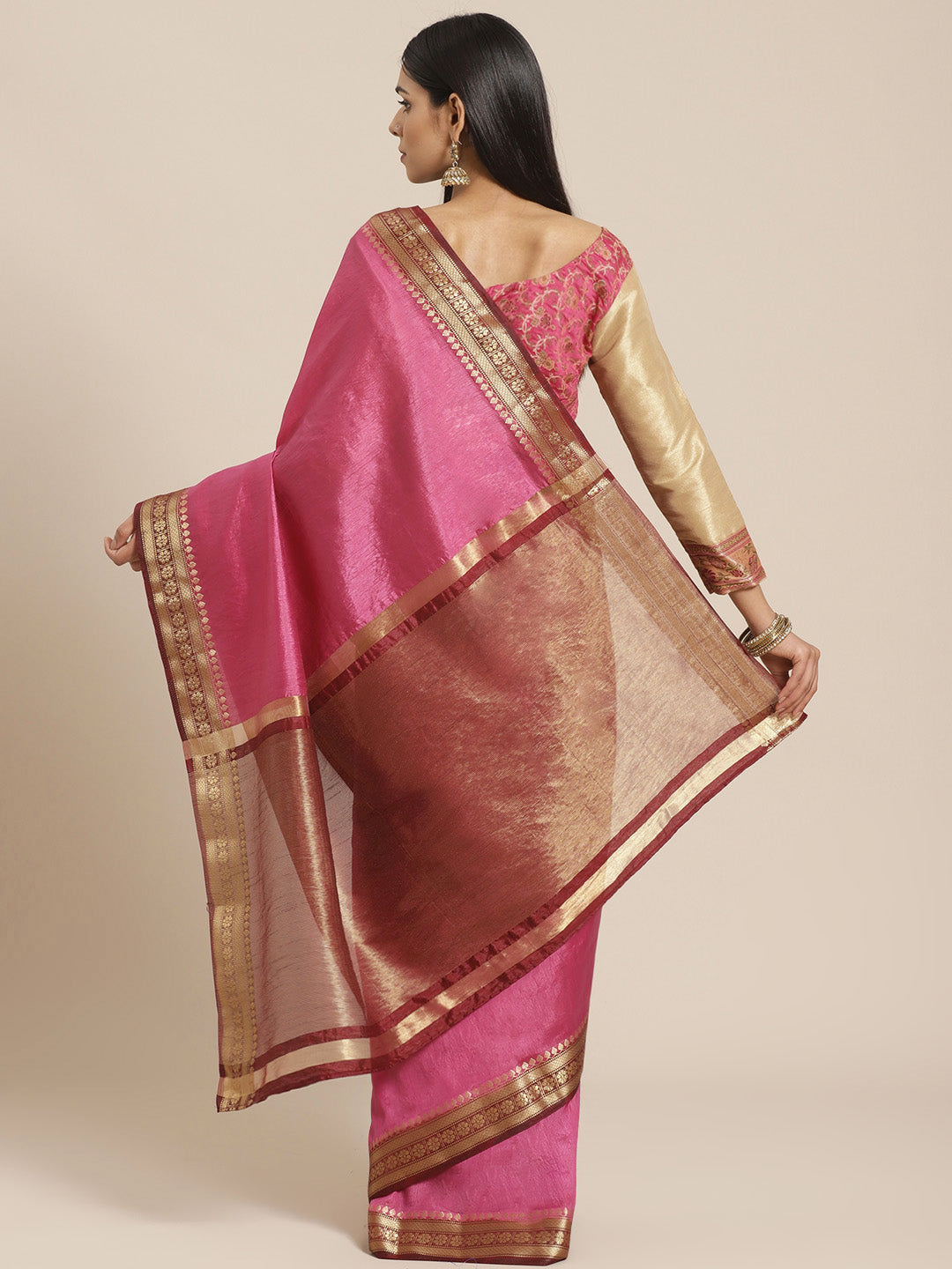 Mysore Silk Saree with Contrast Zari Floral Motif Weaving Border