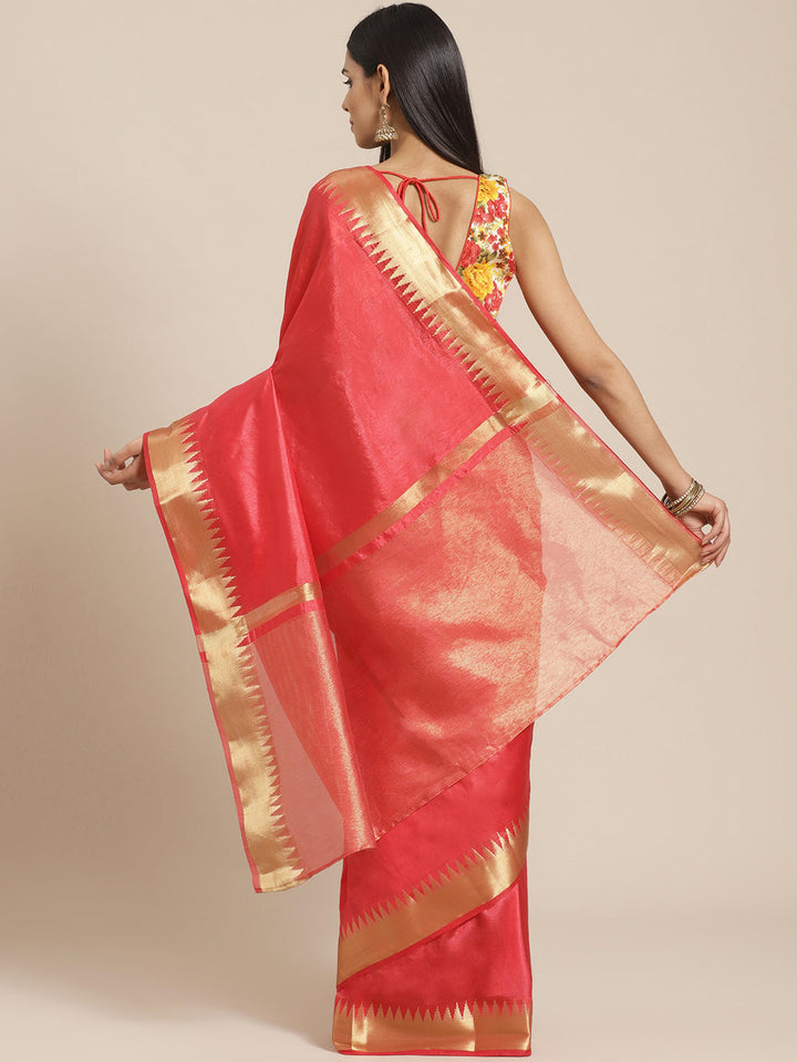 Red Narayan Peth Handloom Chanderi Saree with Temple Gold Zari & Resham Weaving