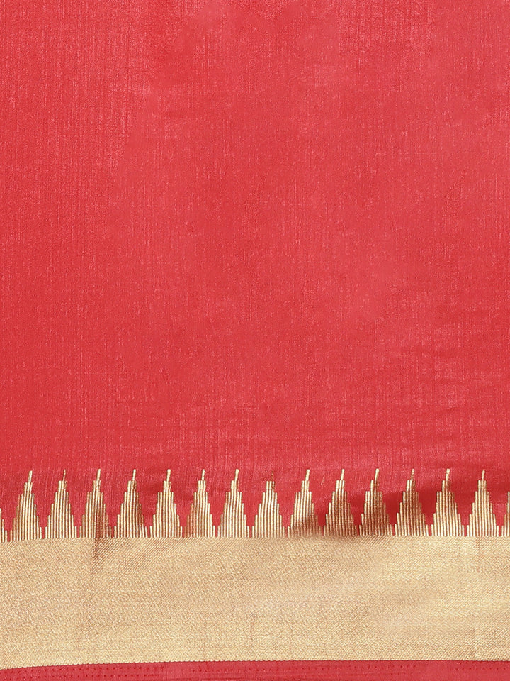 Red Narayan Peth Handloom Chanderi Saree with Temple Gold Zari & Resham Weaving