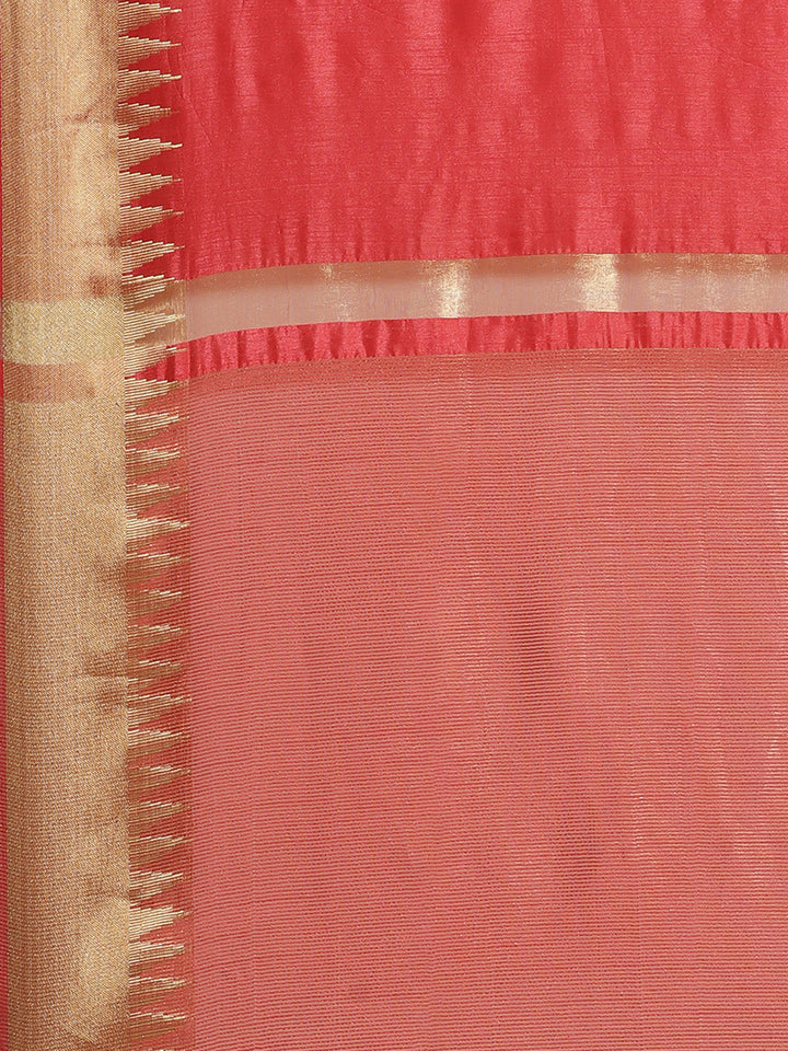 Red Narayan Peth Handloom Chanderi Saree with Temple Gold Zari & Resham Weaving
