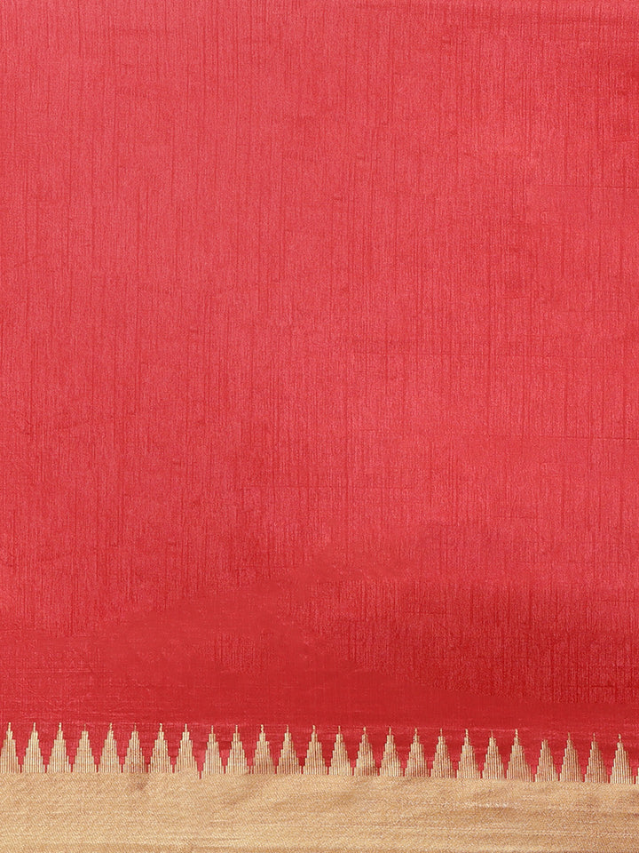 Red Narayan Peth Handloom Chanderi Saree with Temple Gold Zari & Resham Weaving