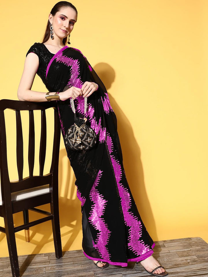 Black Contrast Sequence Embellished Party Wear Georgette Saree