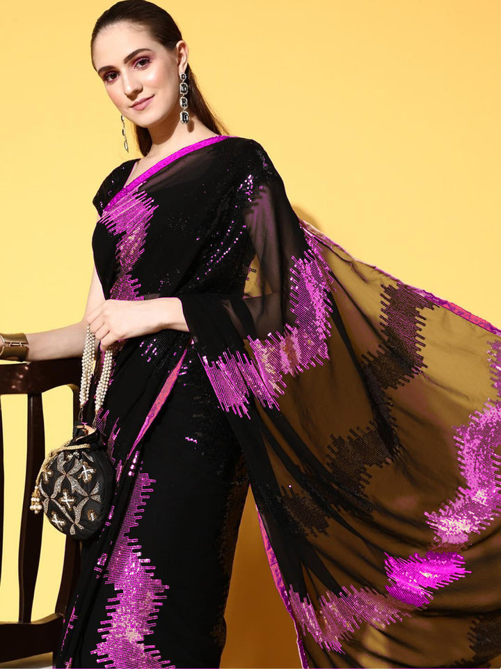 Black Contrast Sequence Embellished Party Wear Georgette Saree