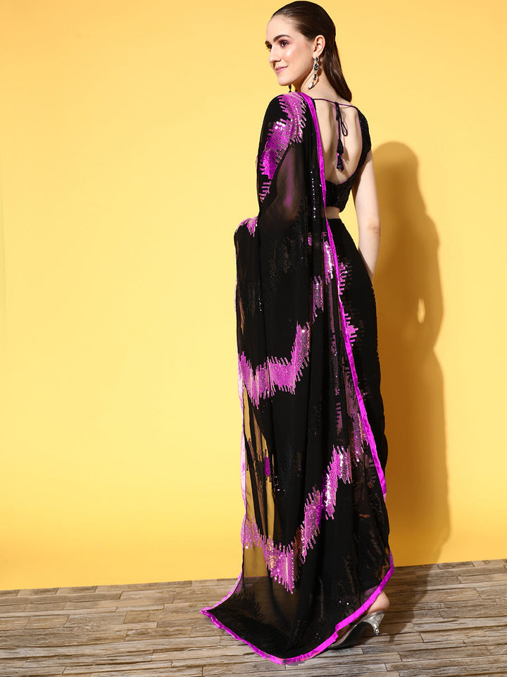 Black Contrast Sequence Embellished Party Wear Georgette Saree