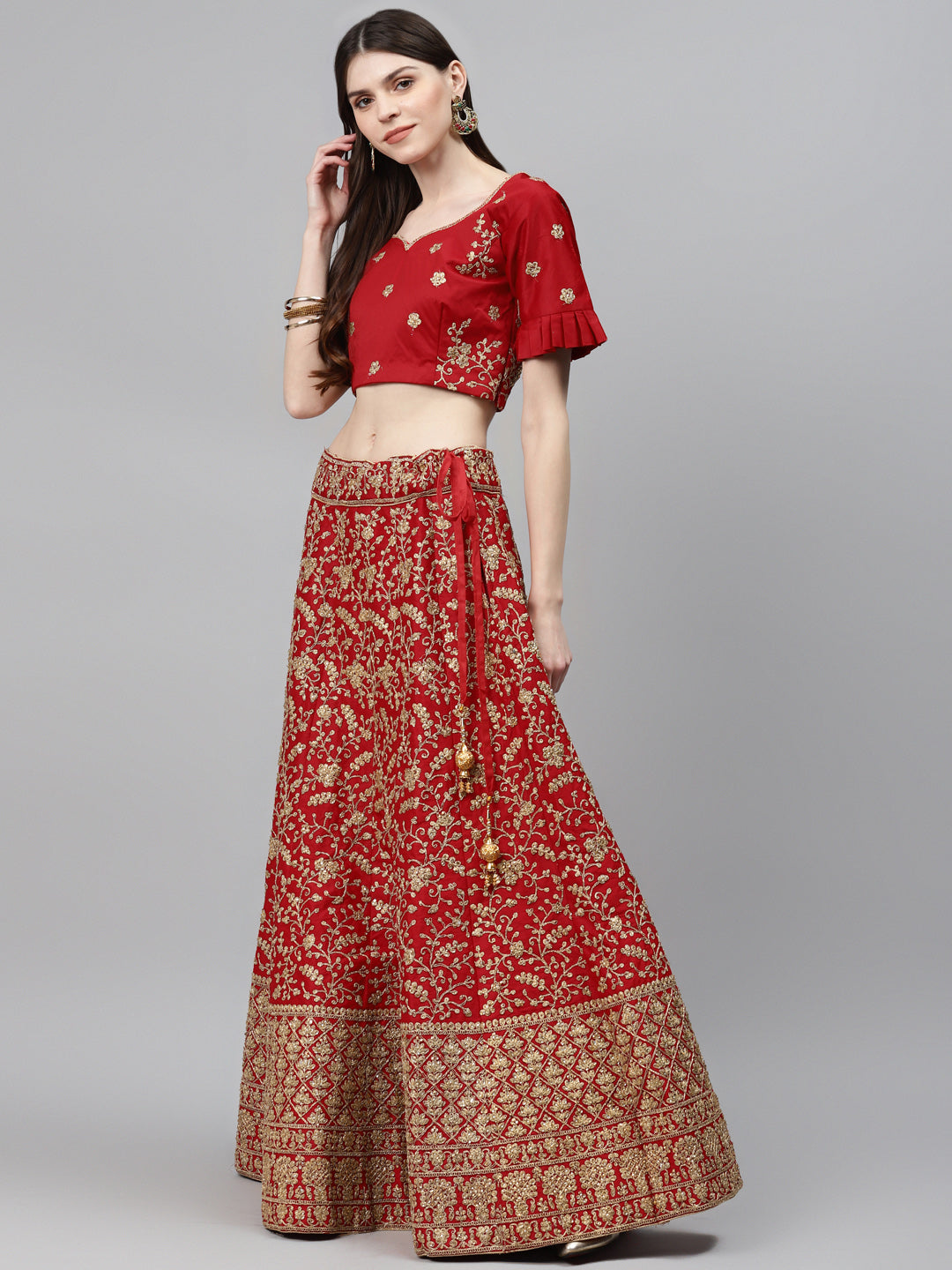 Bridal Semi-stitched Lehenga Set with Mughal Motif Embroidery & Crystal Embellishments
