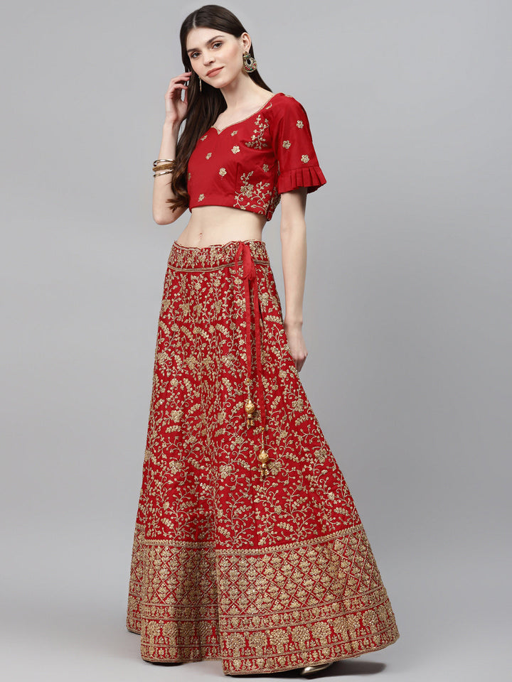 Bridal Semi-stitched Lehenga Set with Mughal Motif Embroidery & Crystal Embellishments