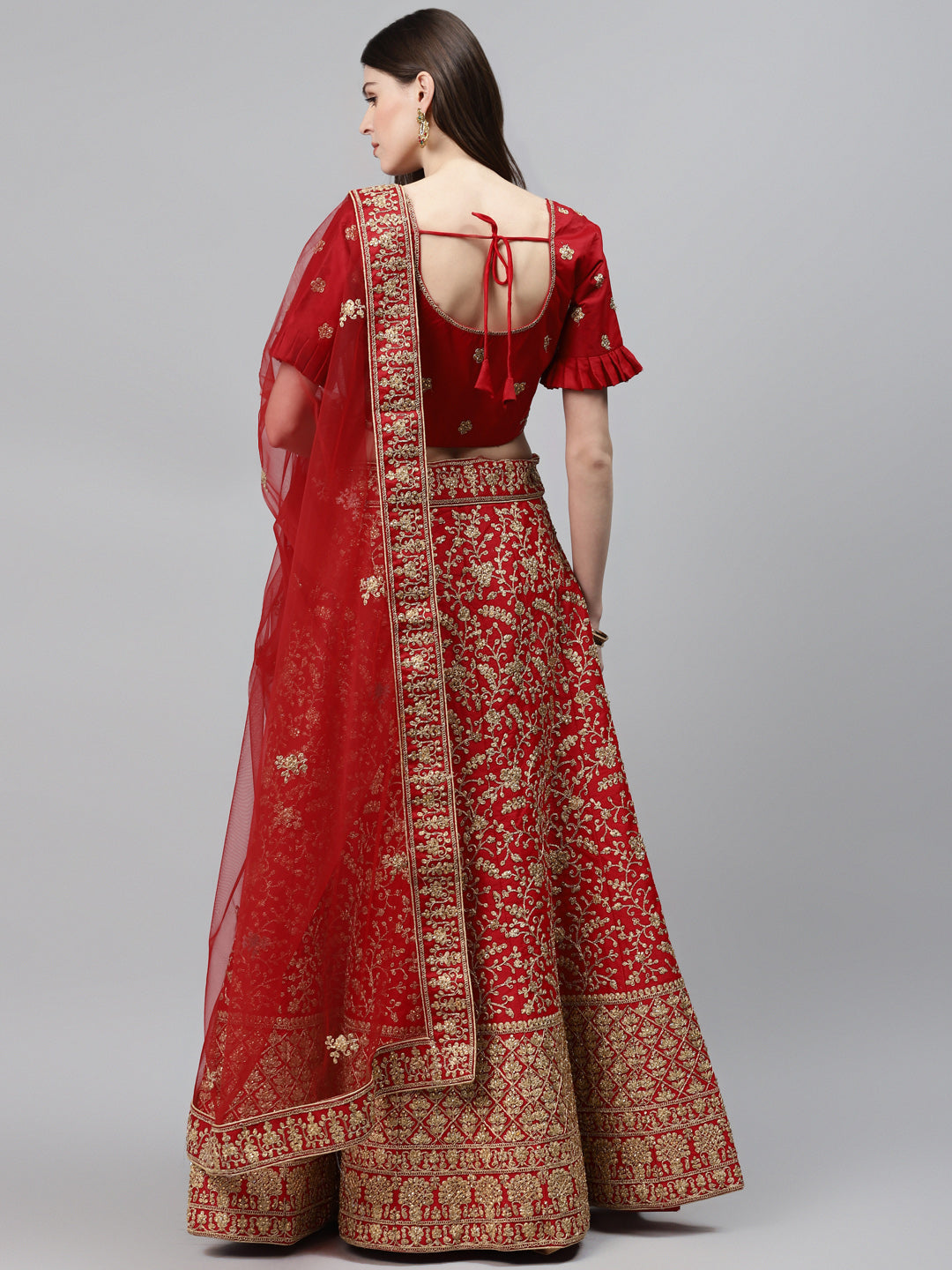 Bridal Semi-stitched Lehenga Set with Mughal Motif Embroidery & Crystal Embellishments