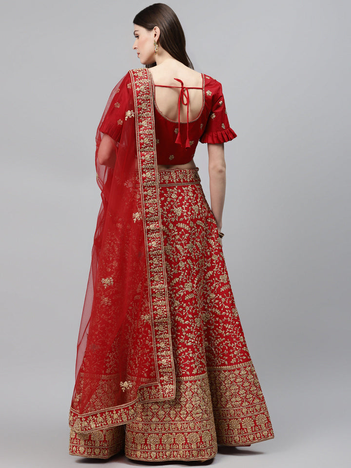 Bridal Semi-stitched Lehenga Set with Mughal Motif Embroidery & Crystal Embellishments
