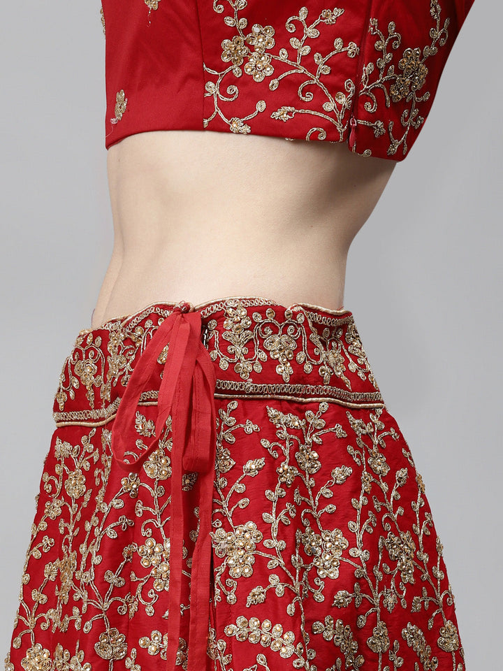 Bridal Semi-stitched Lehenga Set with Mughal Motif Embroidery & Crystal Embellishments