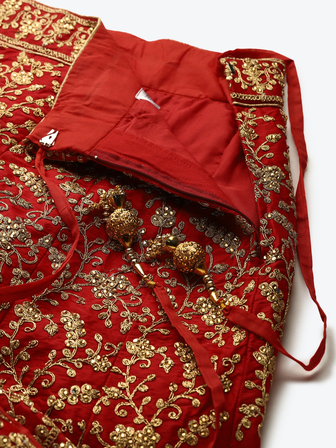 Bridal Semi-stitched Lehenga Set with Mughal Motif Embroidery & Crystal Embellishments