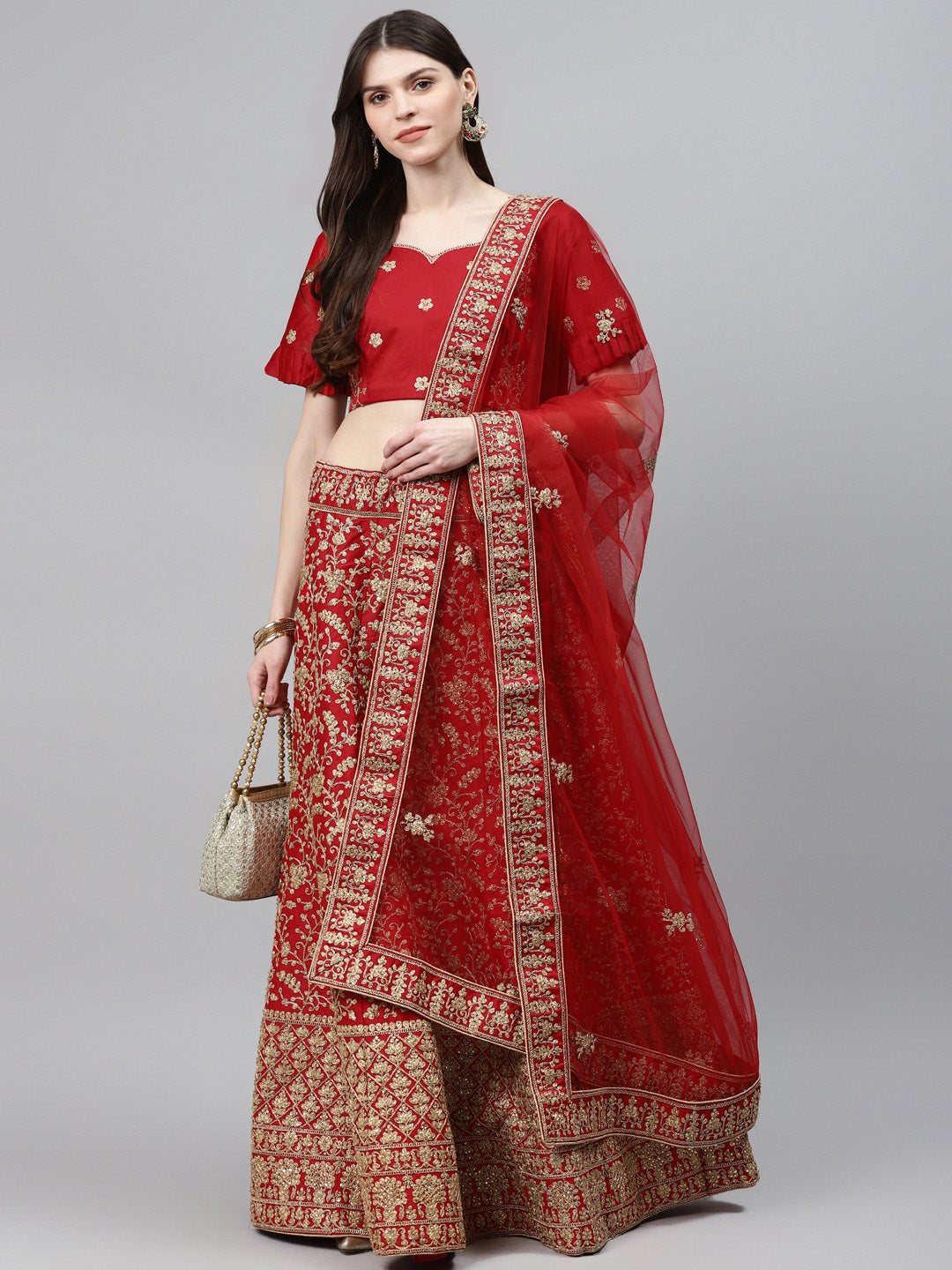 Bridal Semi-stitched Lehenga Set with Mughal Motif Embroidery & Crystal Embellishments