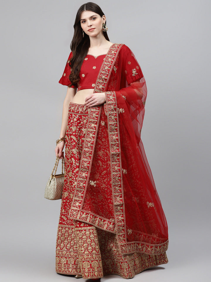 Bridal Semi-stitched Lehenga Set with Mughal Motif Embroidery & Crystal Embellishments