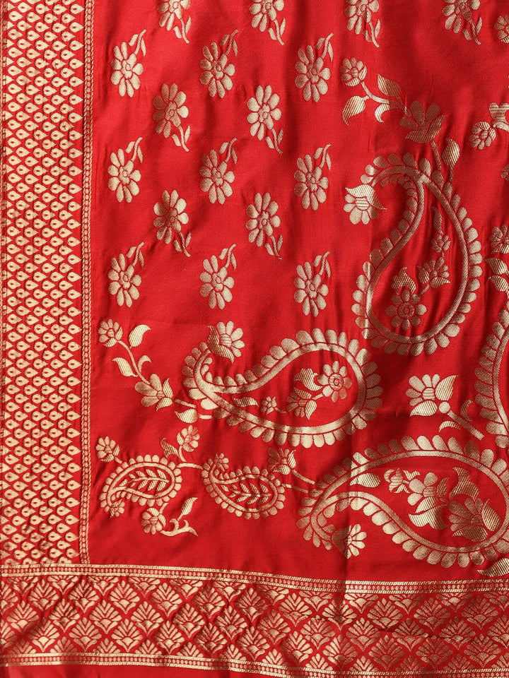 Banarasi Silk Unstitched Suit Set With Gold Tassels & Banarasi Dupatta