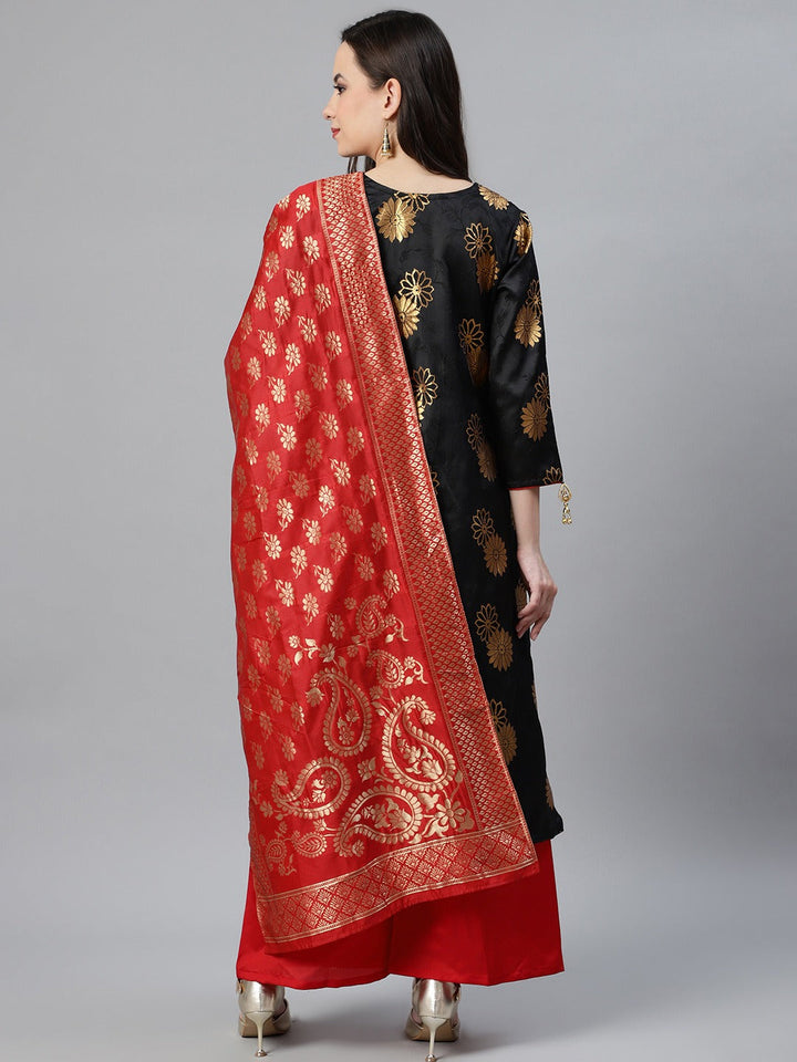 Banarasi Silk Unstitched Suit Set With Gold Tassels & Banarasi Dupatta