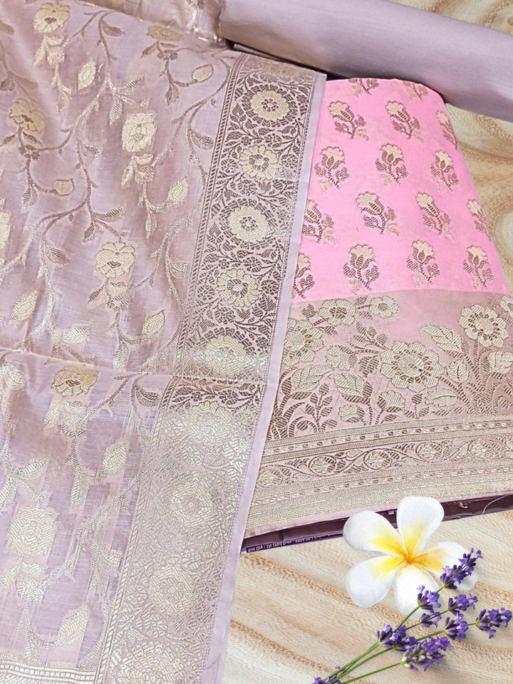 Banarasi Chanderi Dress Material with Contrast color Handloom weaving & Tasseled Dupatta
