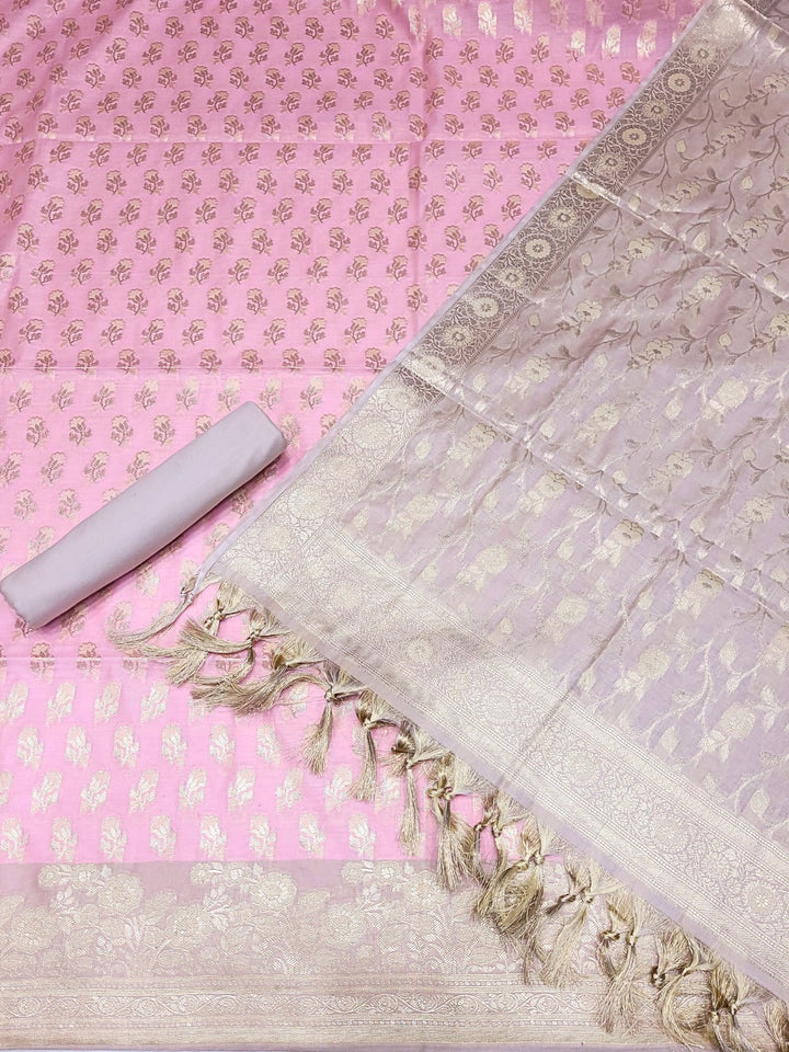 Banarasi Chanderi Dress Material with Contrast color Handloom weaving & Tasseled Dupatta