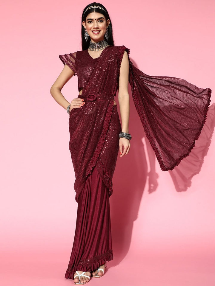 Pre-Draped Ruffled Sequinned Belted Tulle Saree with Pleated Border