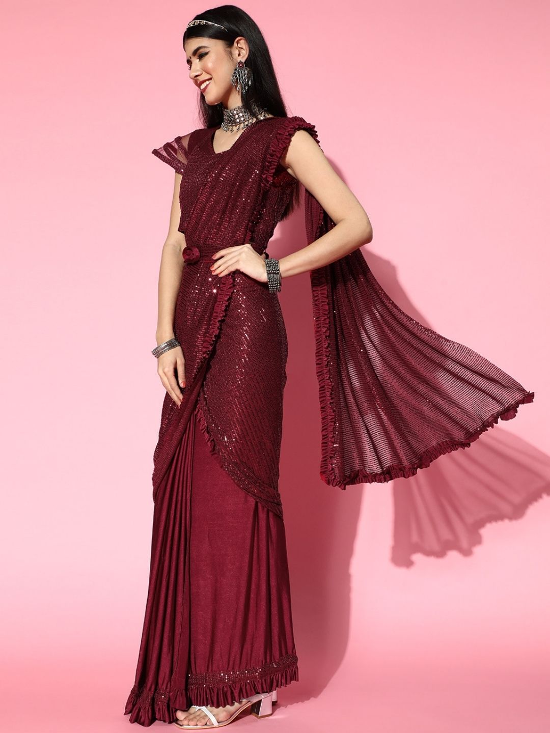 Pre-Draped Ruffled Sequinned Belted Tulle Saree with Pleated Border