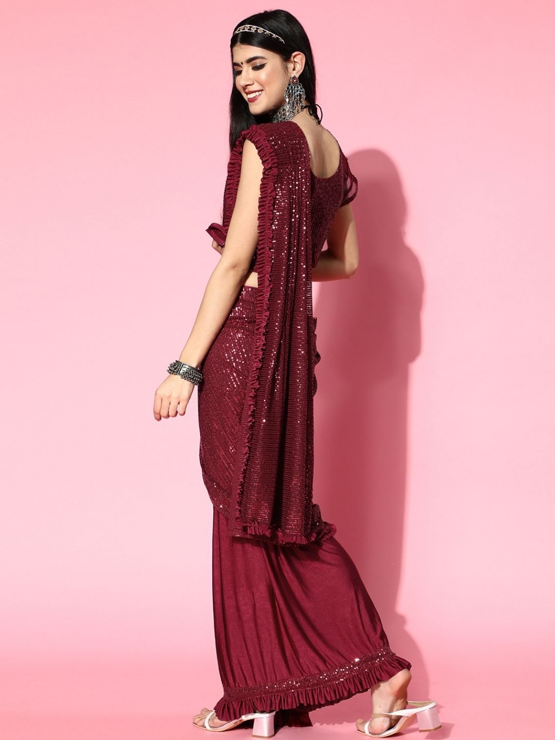 Pre-Draped Ruffled Sequinned Belted Tulle Saree with Pleated Border