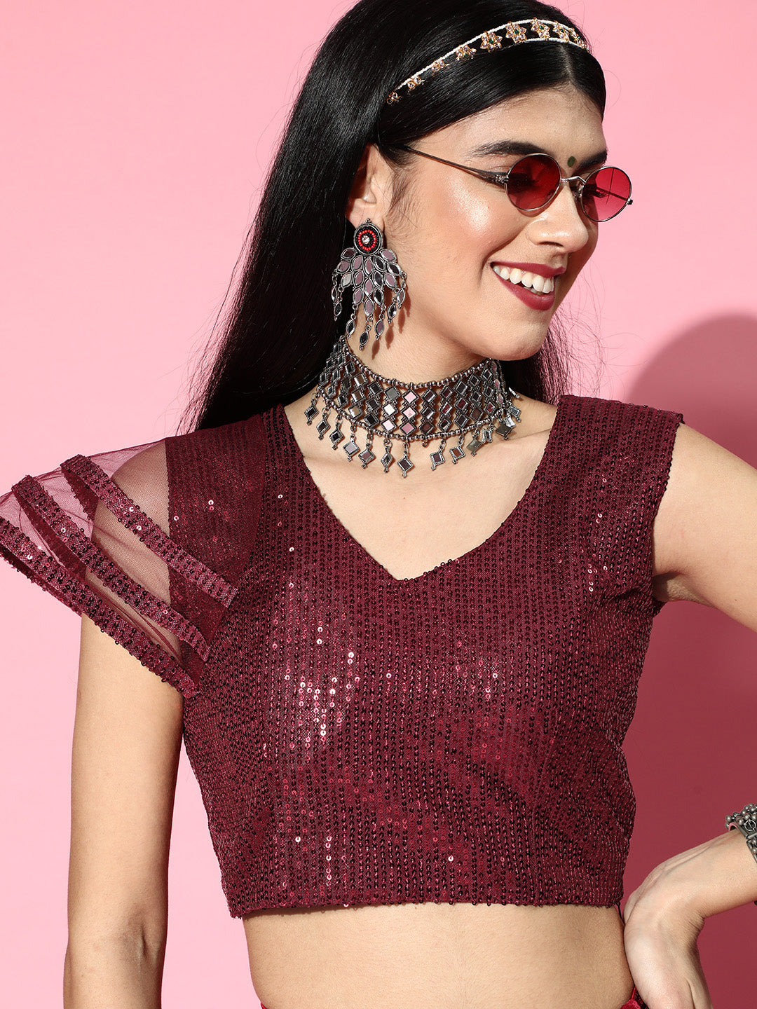 Pre-Draped Ruffled Sequinned Belted Tulle Saree with Pleated Border