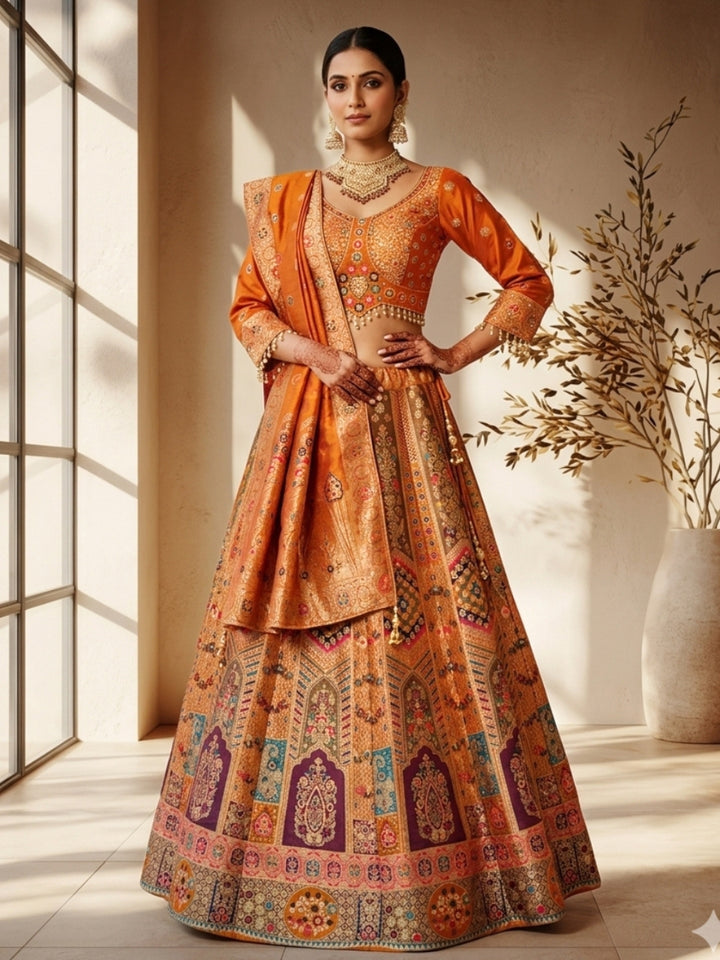 Orange Silk Multicolor Kalidar Lehenga Choli with Zari Weaving, Mirror Embroidered Blouse & Tassels