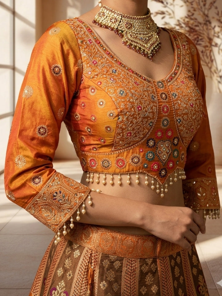 Orange Silk Multicolor Kalidar Lehenga Choli with Zari Weaving, Mirror Embroidered Blouse & Tassels