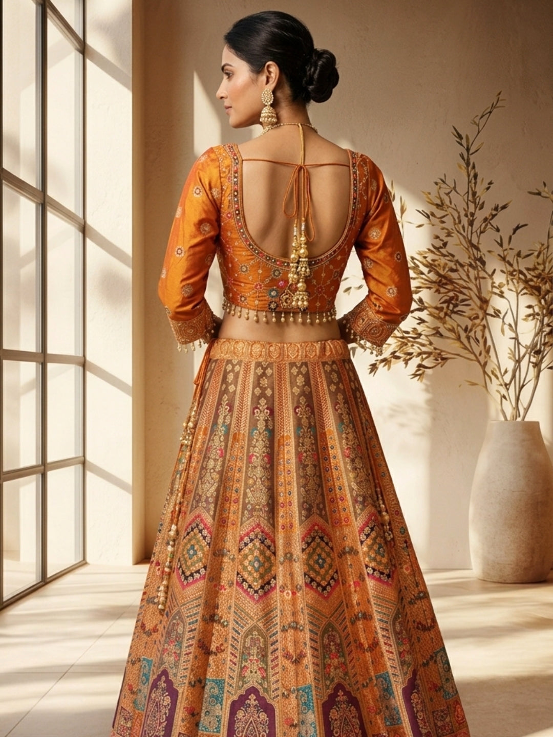 Orange Silk Multicolor Kalidar Lehenga Choli with Zari Weaving, Mirror Embroidered Blouse & Tassels