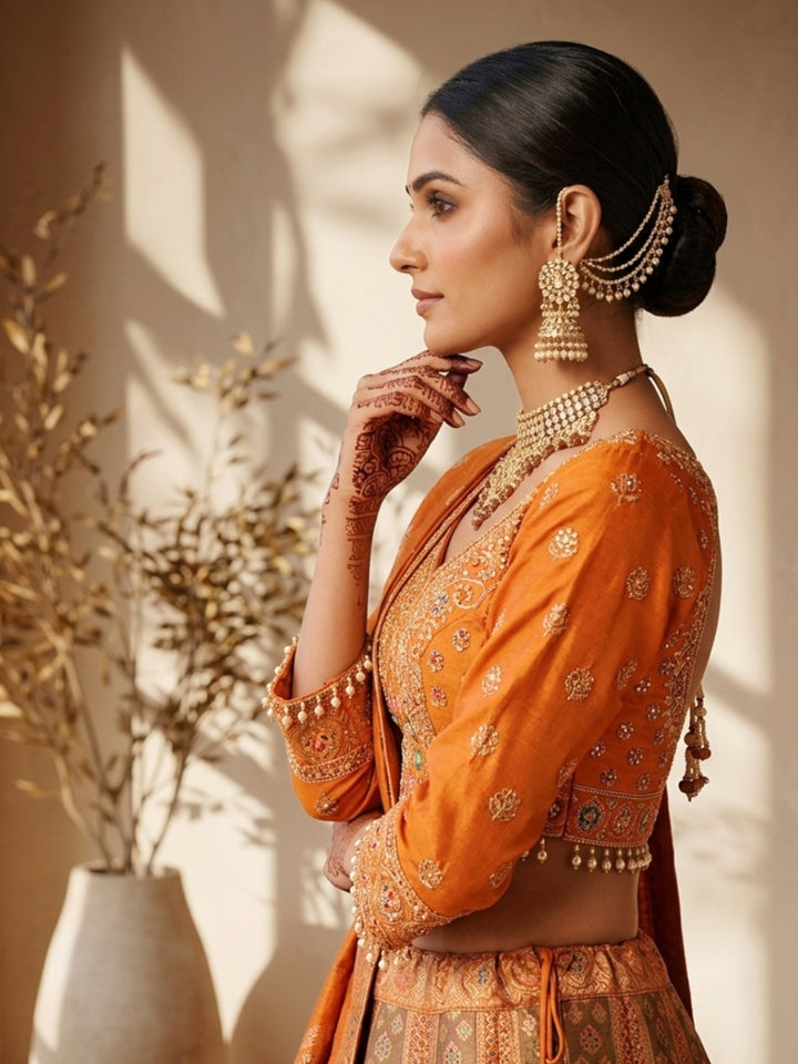 Orange Silk Multicolor Kalidar Lehenga Choli with Zari Weaving, Mirror Embroidered Blouse & Tassels