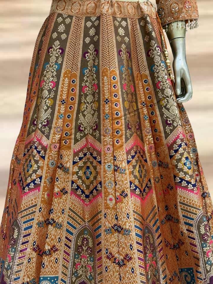 Orange Silk Multicolor Kalidar Lehenga Choli with Zari Weaving, Mirror Embroidered Blouse & Tassels