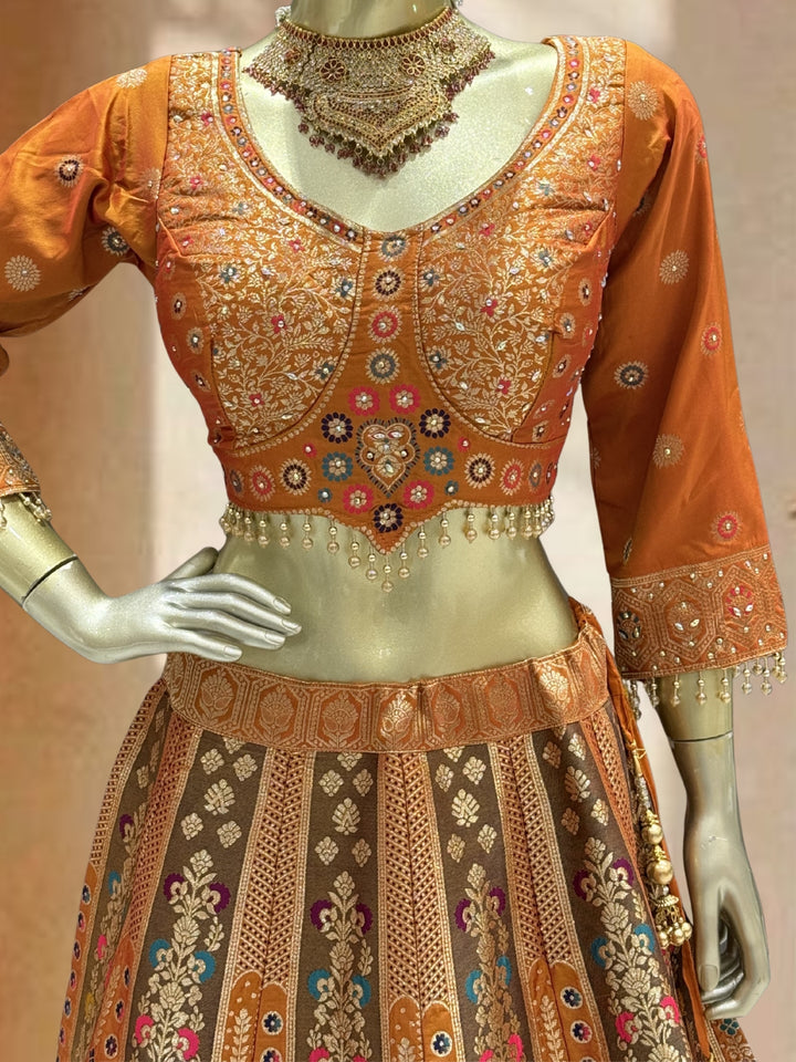 Orange Silk Multicolor Kalidar Lehenga Choli with Zari Weaving, Mirror Embroidered Blouse & Tassels