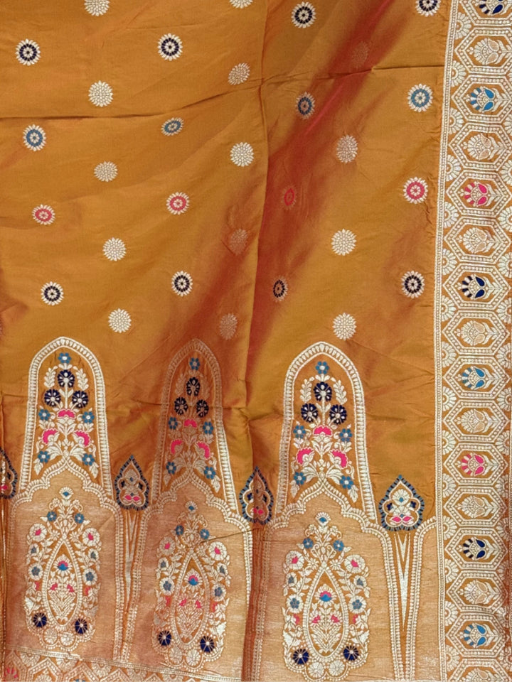 Orange Silk Multicolor Kalidar Lehenga Choli with Zari Weaving, Mirror Embroidered Blouse & Tassels