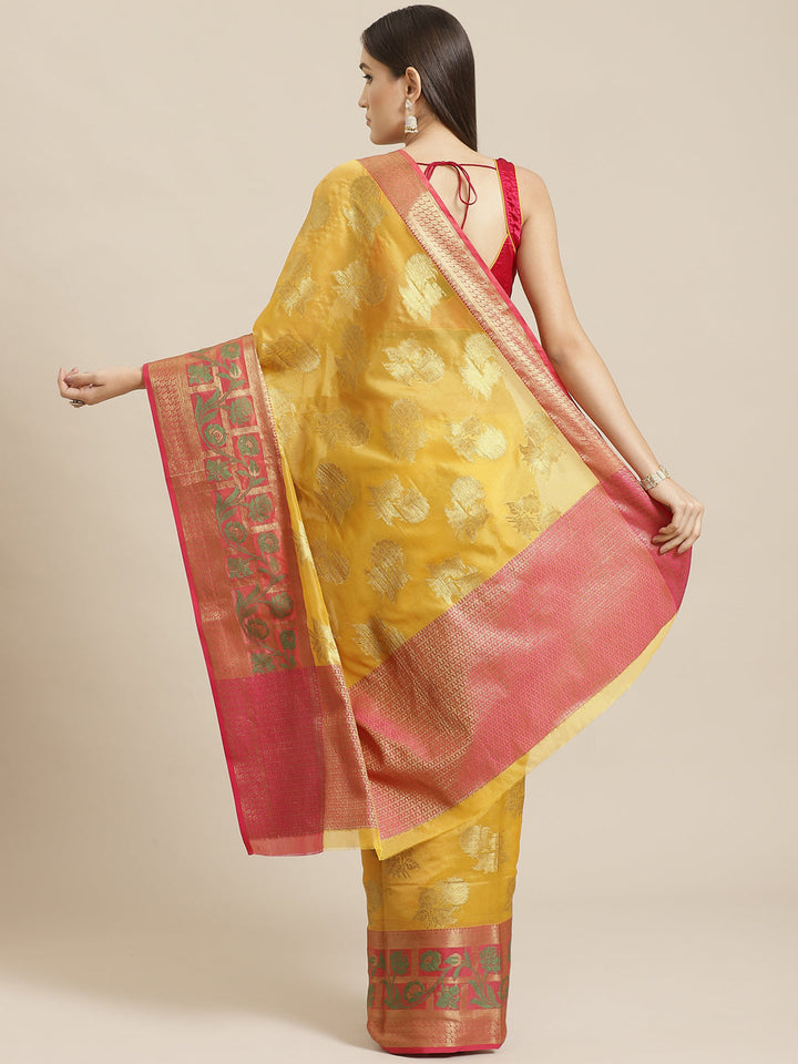 Handloom Banarasi Chanderi Saree with Floral Zari & Resham Weaving , Contrast Blouse