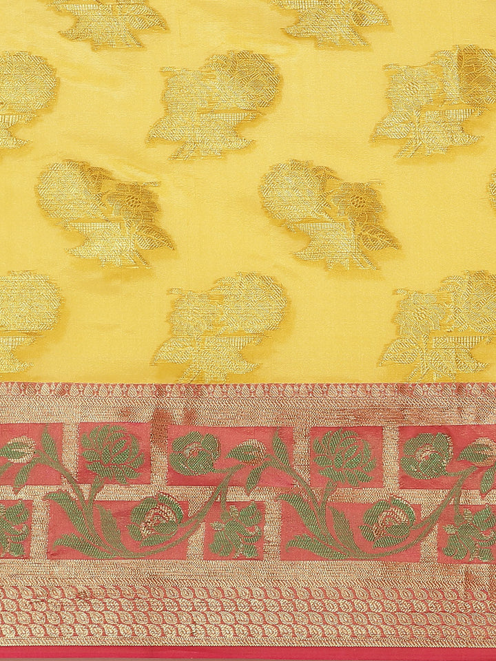 Handloom Banarasi Chanderi Saree with Floral Zari & Resham Weaving , Contrast Blouse