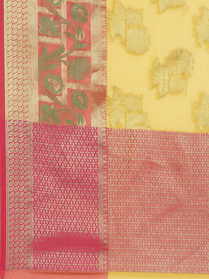Handloom Banarasi Chanderi Saree with Floral Zari & Resham Weaving , Contrast Blouse