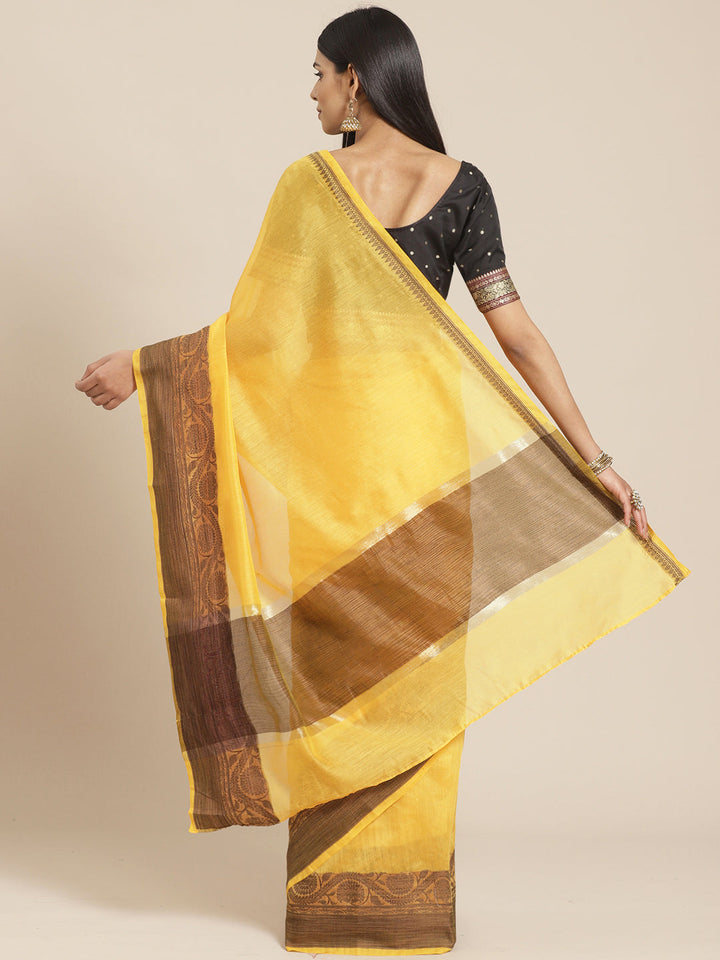 Sunshine Yellow Banarasi Chanderi Saree with Oxdized Floral Resham Weaving