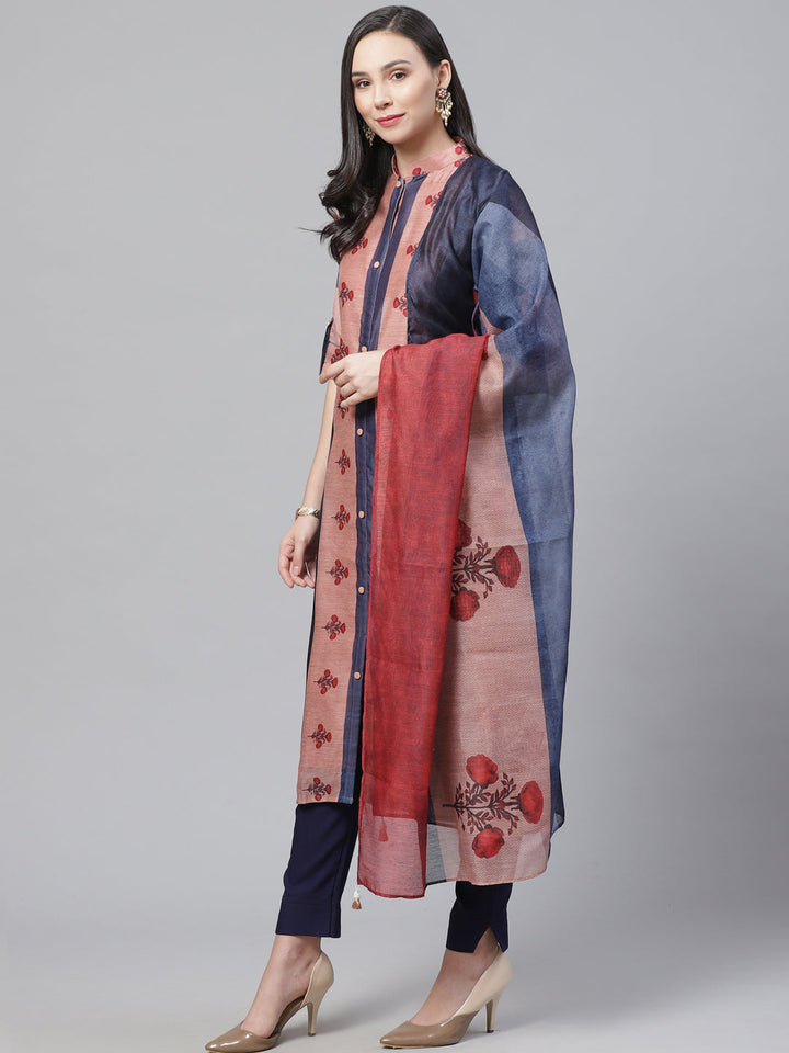 Chanderi Silk Stitched Suit with Digital Handloom & Indie Print with Maheshwari Dupatta