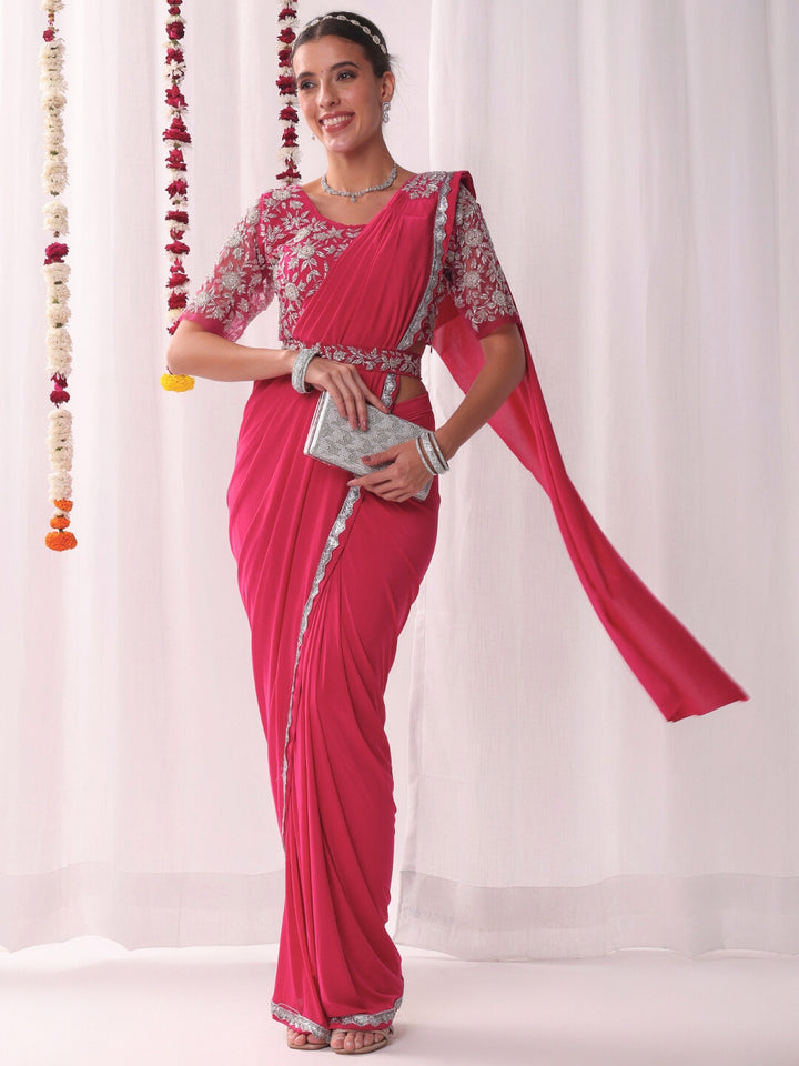 Chhabra 555 Pre-stitched Draped Saree with Aari Embroidered Blouse, Scalloped Lace Border and Belt