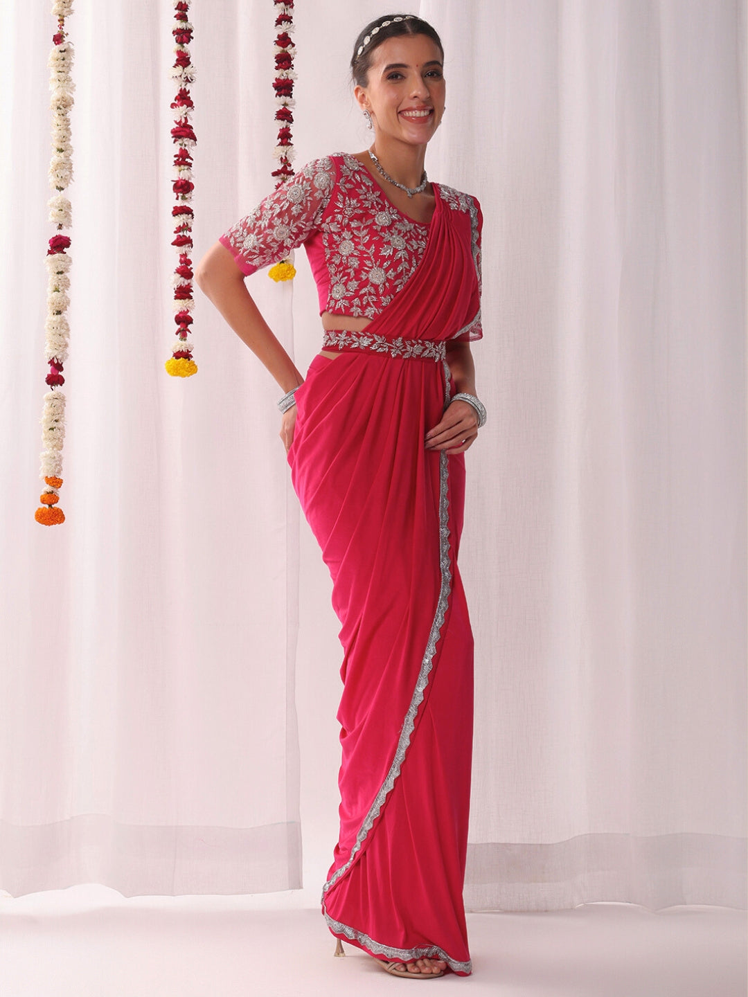 Pre-stitched Draped Saree with Aari Embroidered Blouse
