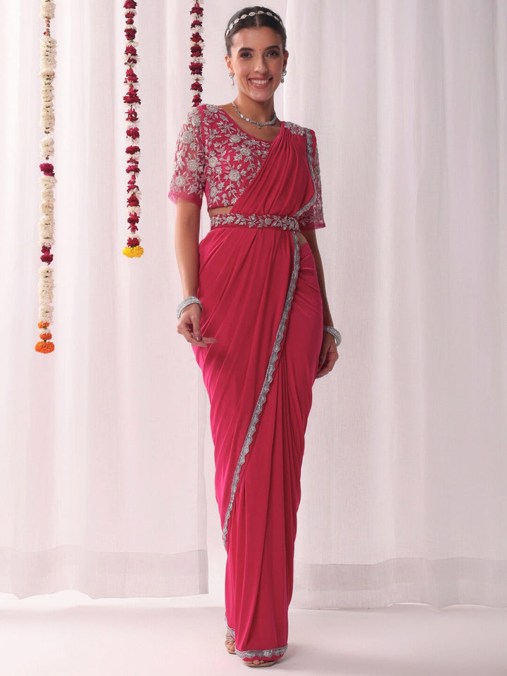Pre-stitched Draped Saree with Aari Embroidered Blouse