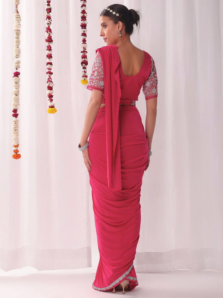 Pre-stitched Draped Saree with Aari Embroidered Blouse