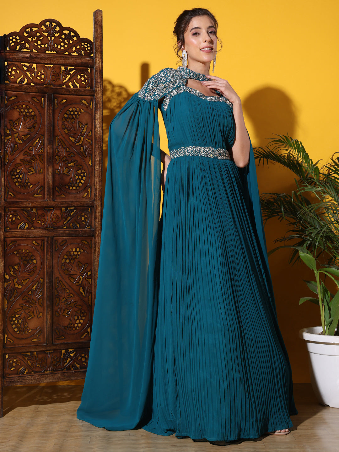 Chhabra 555 Zircon Embellished Cocktail gown with Accordian Pleats & Removable Waterfall sleeves