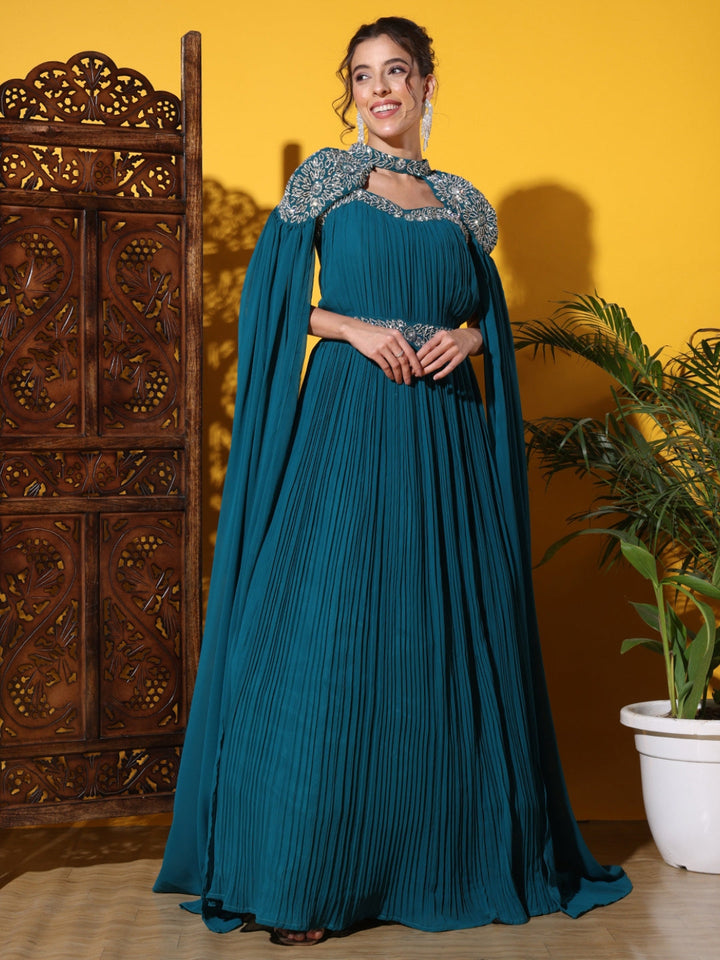 Zircon Embellished Cocktail gown with Accordian Pleats
