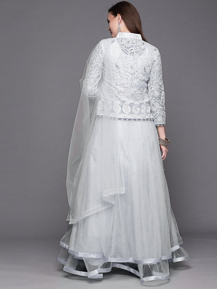 Grey Glitter Embellished Chikankari Jacket Flared Gown