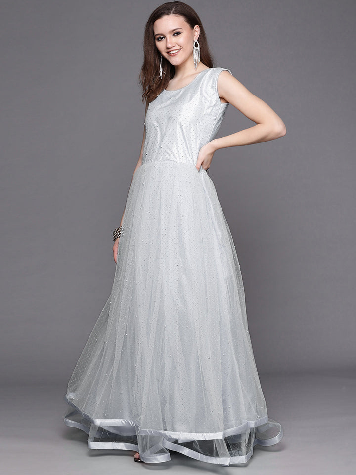 Grey Glitter Embellished Chikankari Jacket Flared Gown